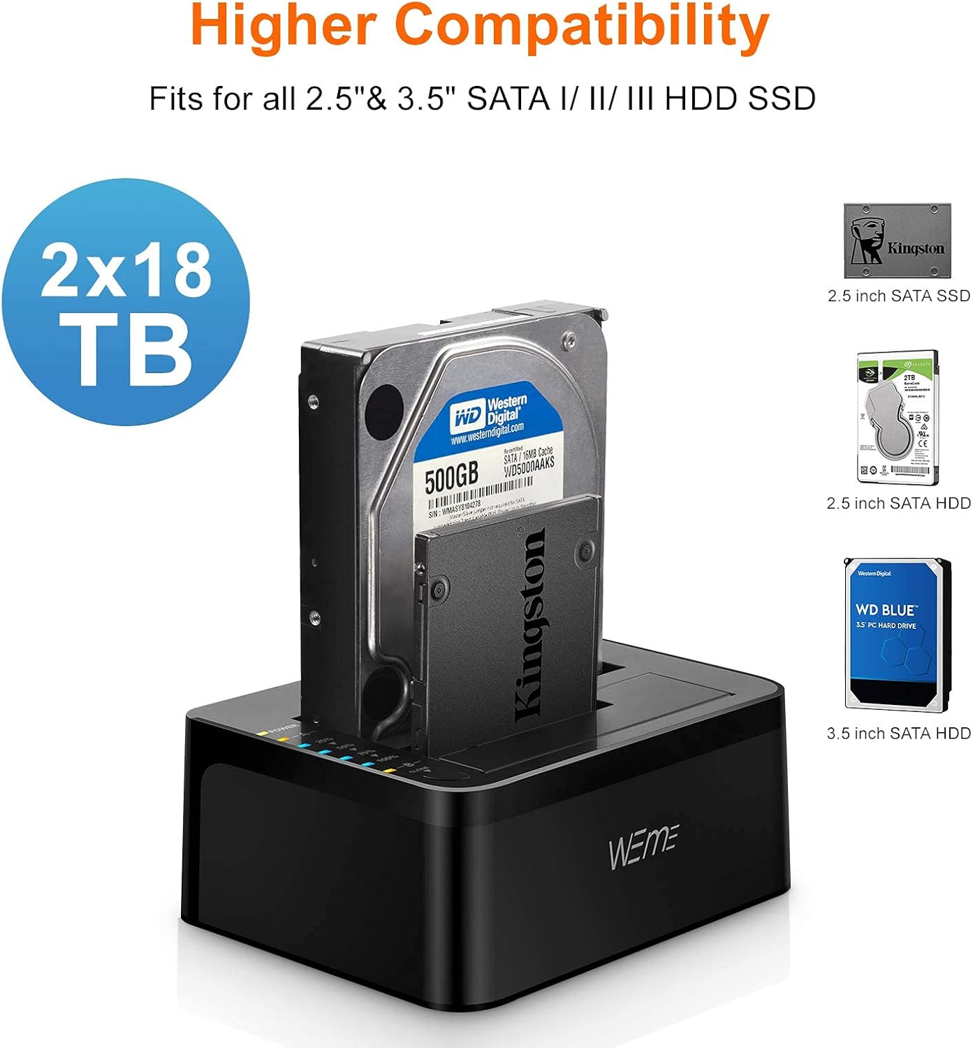 WEme USB C 3.0 to SATA External Hard Drive Dock Docking Station, SSD HDD Disk Duplicator Cloner for Dual Bay 2.5 3.5 Inch SATA I II III, Support UASP and Auto Sleep and 2X 12TB, Black