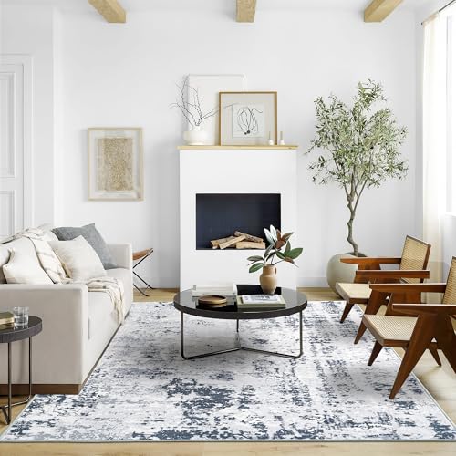 RYB HOME Washable Living Room Rug, 8x10 Large Area Rug for Bedroom, Ultra Soft Faux Wool Non Slip Modern Abstract Farmhouse Floor Carpet for Dining Home Office Nursery Playroom, 8x10 ft, Grey