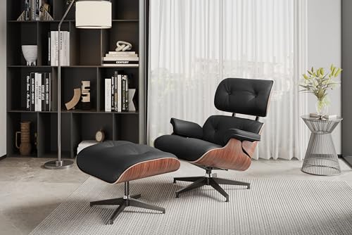 Valencia Armoni Eames Chair and Ottoman 32.75" | Top-Grain Leather Mid-Century Modern Lounge Chair, Exquisite Walnut Veneer Satin Finish, Easy Assembly, Chocolate