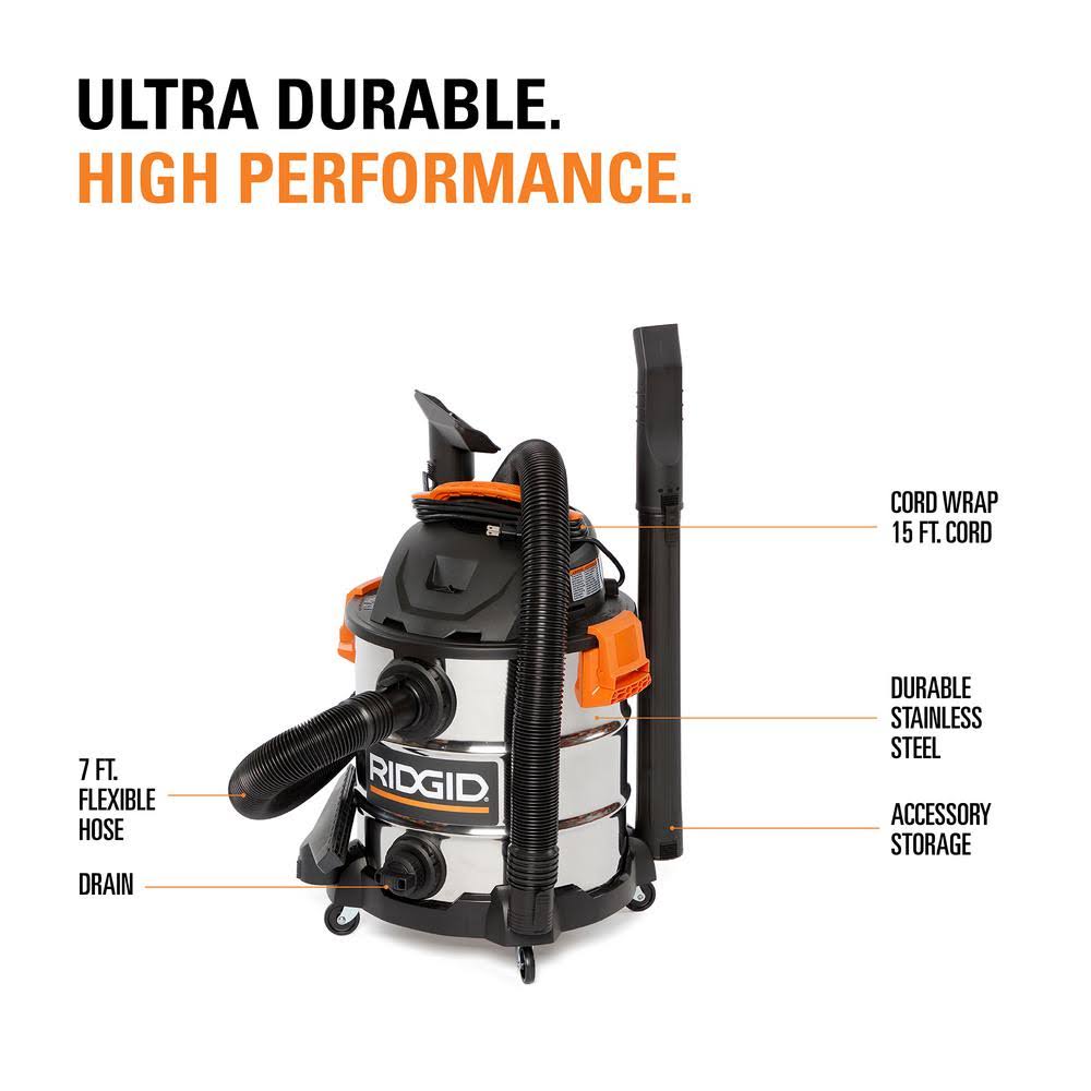 Ridgid 10 gal. 6.0 Peak HP Stainless Wet Dry VAC with Bonus Dust Bags