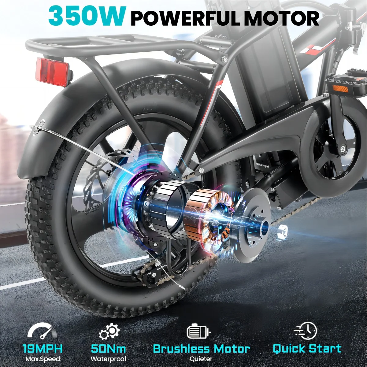 Elifine 16"×3.0 Fat Tire Folding Electric Bike for Adults, 350W Lockable Suspension Fork Electric Bicycle, LCD Display Foldable Ebike with 48V 7.8Ah Battery, 19.8 mph Snow Bike up to 50 Miles Range