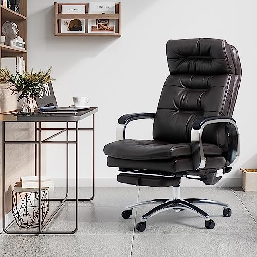 Kinnls Vane Office Chair with Footrest,Ergonomic Management Executive Fully Reclining Office Chair Double Thickened Upholstered Genuine Leather Home Desk Chairs (Without Massage-Coffee)
