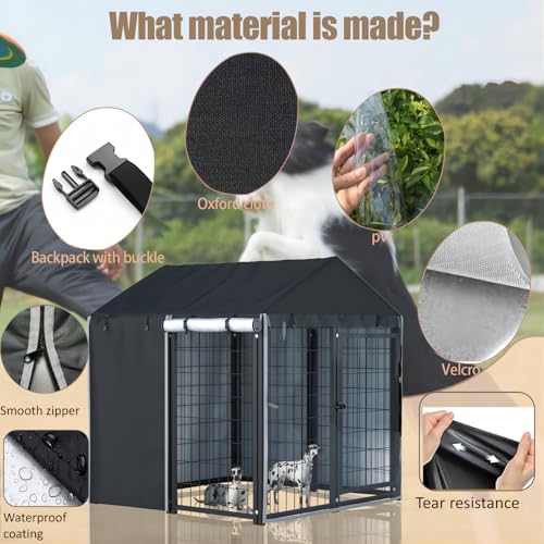 Outdoor Dog Kennel Cover - Full Coverage for 8'Dx4'Wx6'H Dog Cages, 600D Heavy Duty Waterproof Kennel Cover, Black