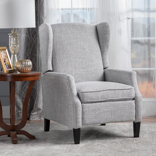 LUMISOL Upholstered Wingback Recliner Chair, Manual Push Back Recliner with Curved Arms, Single Reclining Sofa Chair with Wood Legs and Nailhead Trim for Nursery, Bedroom, Living Room (Light Grey)