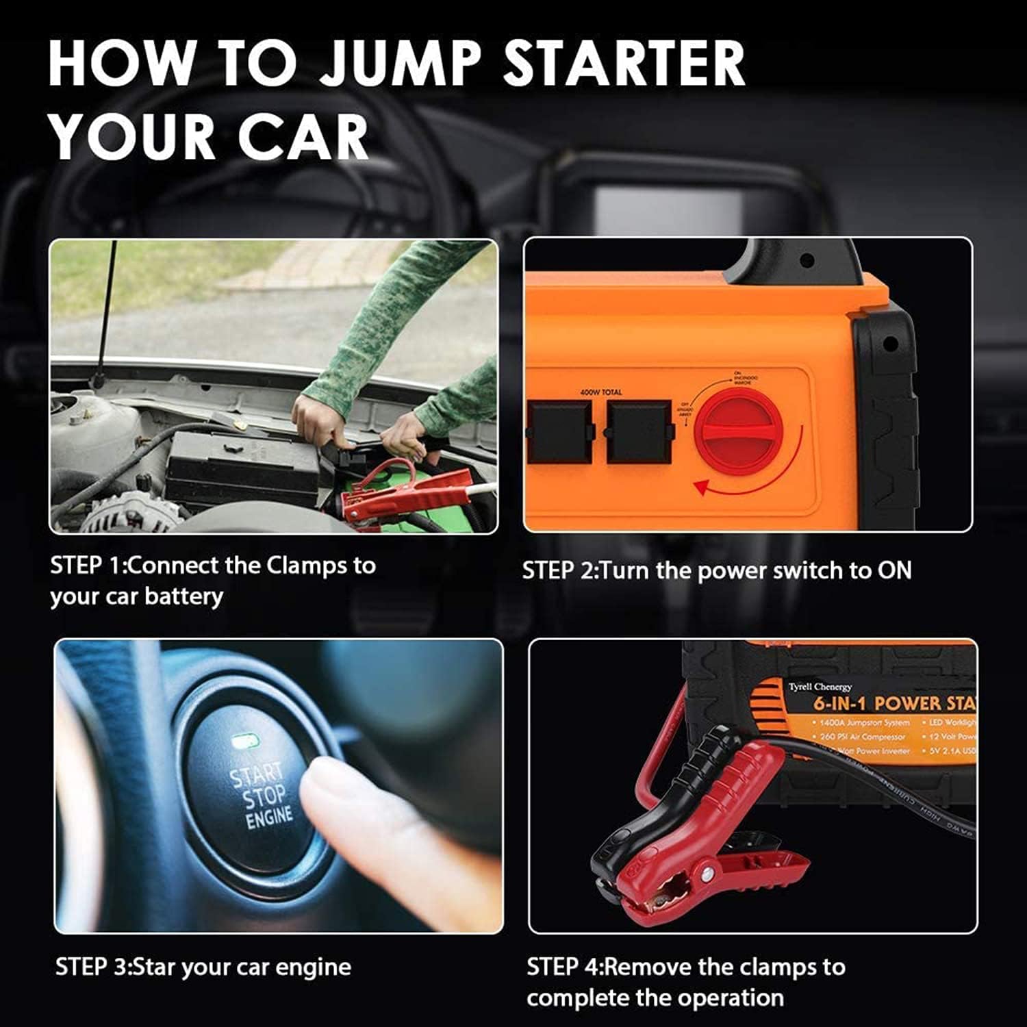 Portable Car Jump Starter 1400 Amp High Performance Power Station with Double AC 110 Volt Inverter Outlets 400W, 260 PSI Air Compressor, Double DC Sockets 12V/11A, 5V/2.1A USB Ports