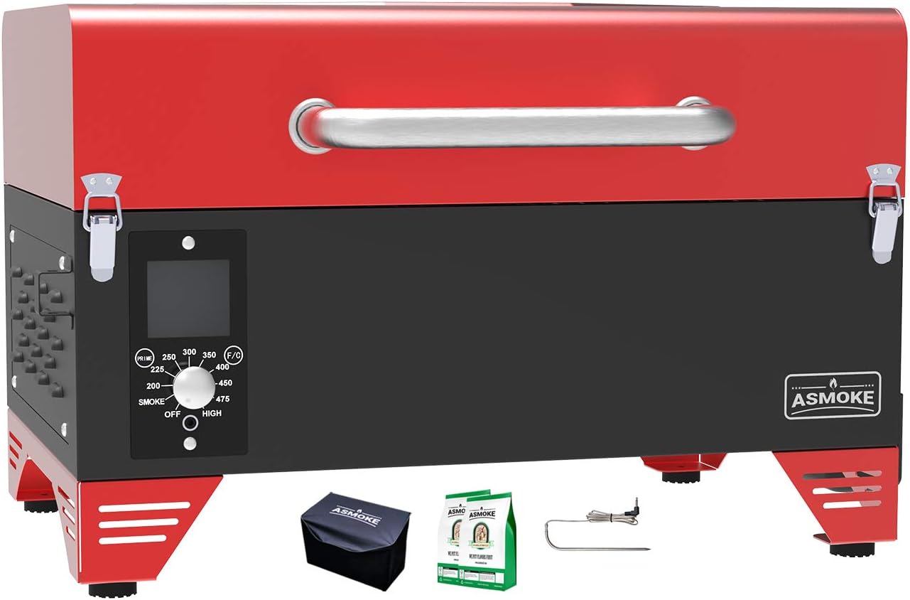 ASMOKE Portable Pellet Grill - AS300 - Electric Smoker Grill with Smart Meat Probe - Camping BBQ w/ 256 Sq. In Cooking Area - Small Pellet Grill with Waterproof Cover - Red