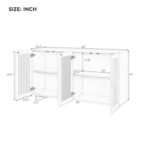 Storage Cabinet, 60" Buffet Cabinet with Storage, Wood Sideboard Cabinet with 2 Hollow Door and 2 Adjustable Shelves, Modern Accent Cabinet for Kitchen, Living Room, Dining Room (Almond)