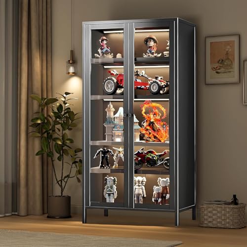 Display Cabinet with Glass Doors, 5 Tier Metal Storage Cabinet Curio Display Cabinet with Adjustable Shelves, Large Capacity Collectibles Toy Display Case for Living Room