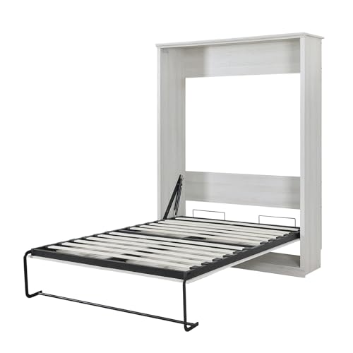 Queen Size Murphy Bed, Solid Wood Wall Cabinet Bed with Shelves, Folding Wall Bed Space-Saving Furniture Bed Frame for Guest Room, Bed Room, Study, Home Office, Rustic White Queen Size