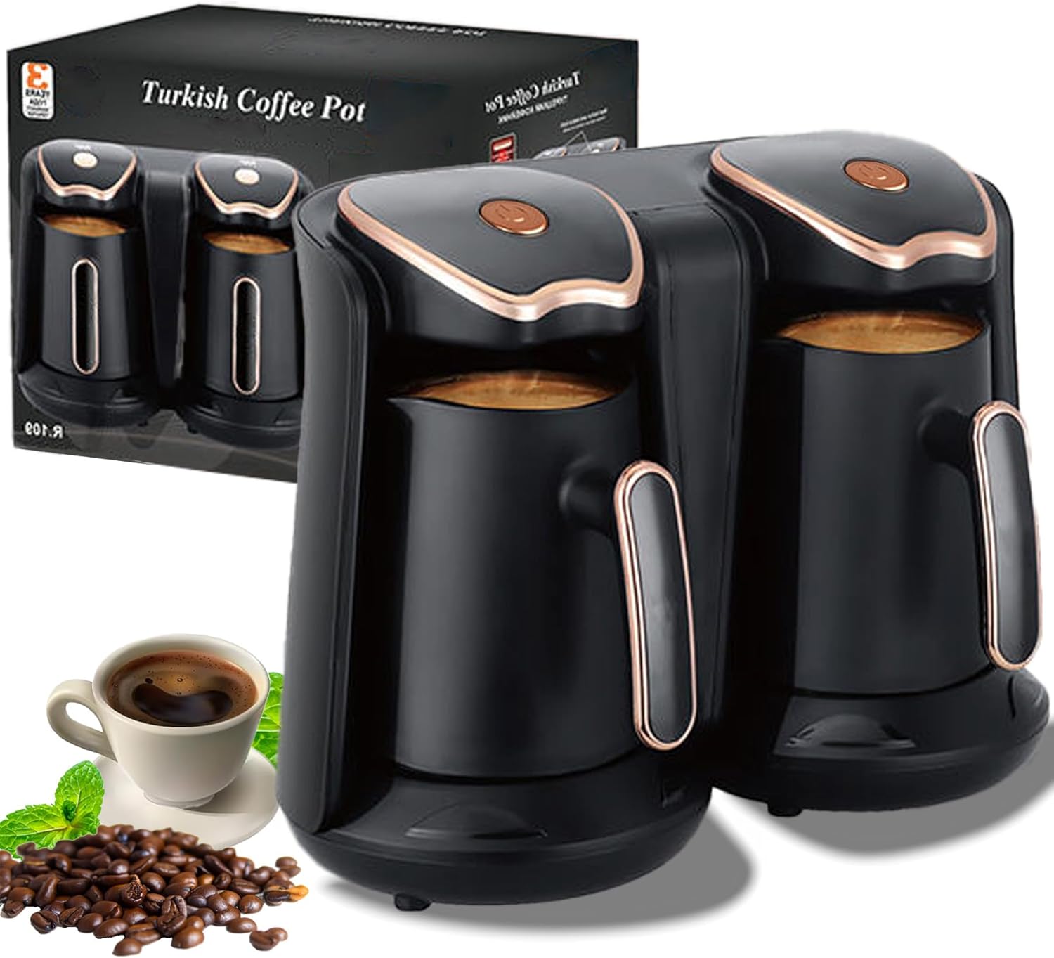 Automatic Turkish Coffee Maker/Greek Coffee Machine, 500ml Electric Coffee Maker Drip Double Cup, 5 Cups, 120V Electric Turkish Coffee Maker Machine Maker, for Homes, Cafes, Office (Black/Gold)