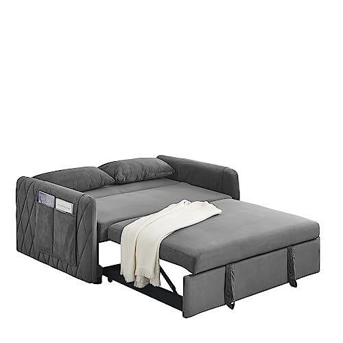 55" Modern Convertible Sofa Bed with Pull Out Bed - Velvet Loveseat Sofa Sleeper Sofa Couch Futon Sofa Bed Couch Chaise Lounge with 2 Detachable Arm Pockets, 2 Pillows for Living Room (Black)