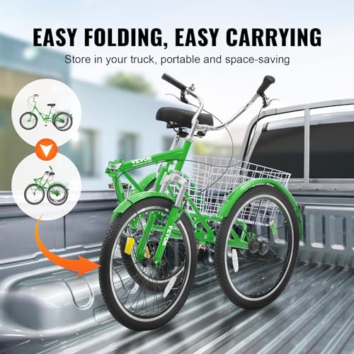VEVOR Folding Adult Tricycle, 24-Inch Adult Folding Trikes, Carbon Steel 3 Wheel Cruiser Bike with Large Basket & Adjustable Seat, Shopping Picnic Foldable Tricycles for Women, Men, Seniors (Green)