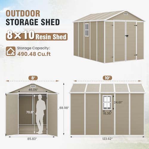 Outdoor Storage Shed, 6x6 FT Resin Shed with Floor and Lockable Door, Window, Vents, Tool Sheds and Outdoor Storage for Bike, Garden Accessories, Tools, Waterproof (Grey & White)