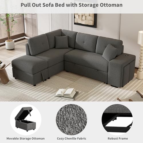 DEINPPA Sleeper Sofa, Sectional Sleeper Sofa with Double Storage Ottoman and 2 Stools, L Shape Sofa Wireless Charger and Two Hidden USB Ports for Living Room, Chenille Fabric-Cream
