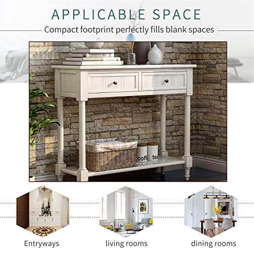 Narrow Console Table with 2 Drawers and Storage Shelf, 35.34" L Retro Sofa Table 2-Tier Wood Entryway Table with Storage for EntryWay, Hallway, Couch, Living Room, Kitchen,Ivory