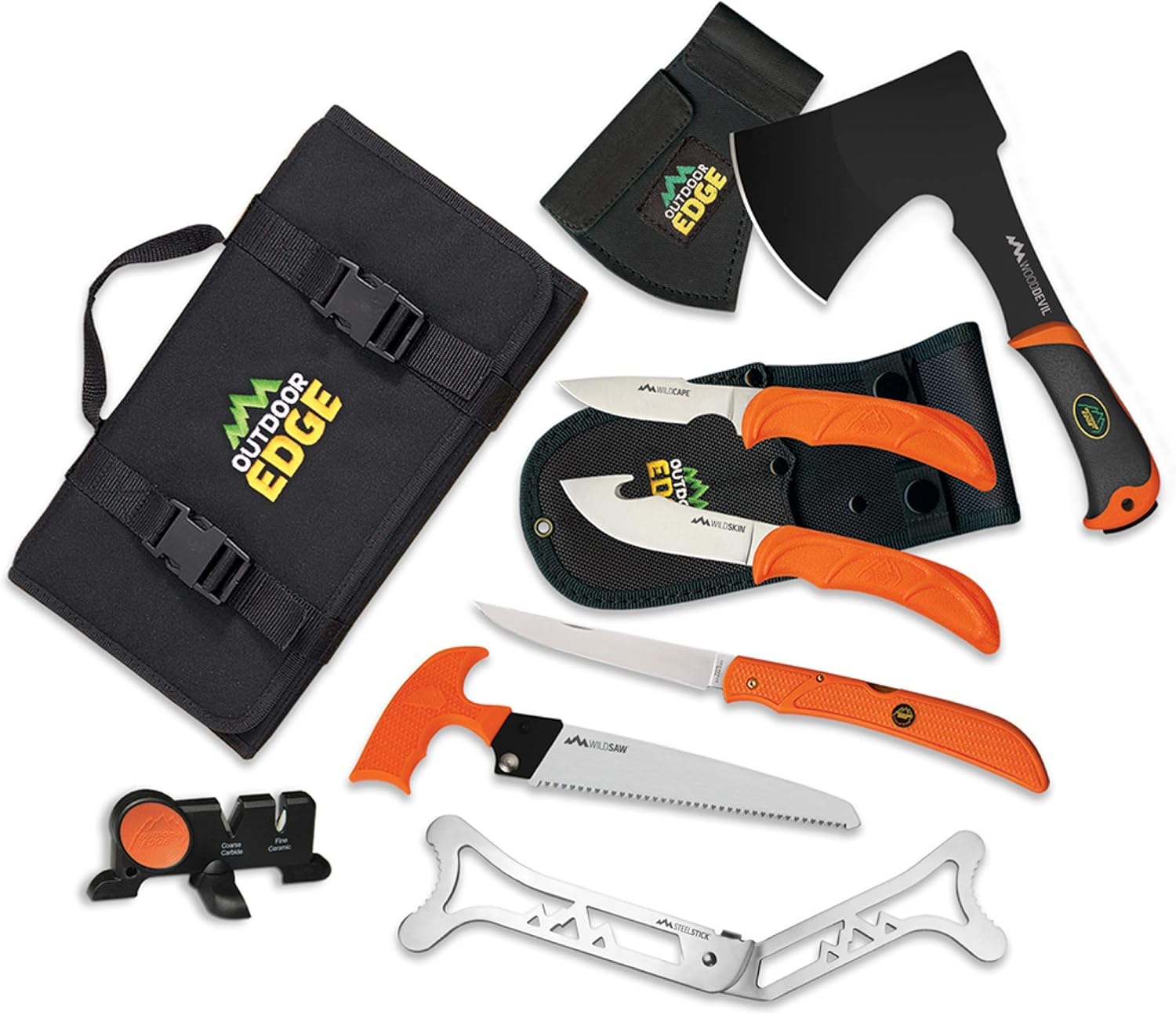 Outdoor Edge Outfitter, 9-Piece Field to Freezer Hunting & Game Processing Knife Set with Caping Knife, Gut-Hook Skinner, Boning/Fillet Knife, Sharpener, Axe, Wood/Bone Saw, Spreader, Gloves