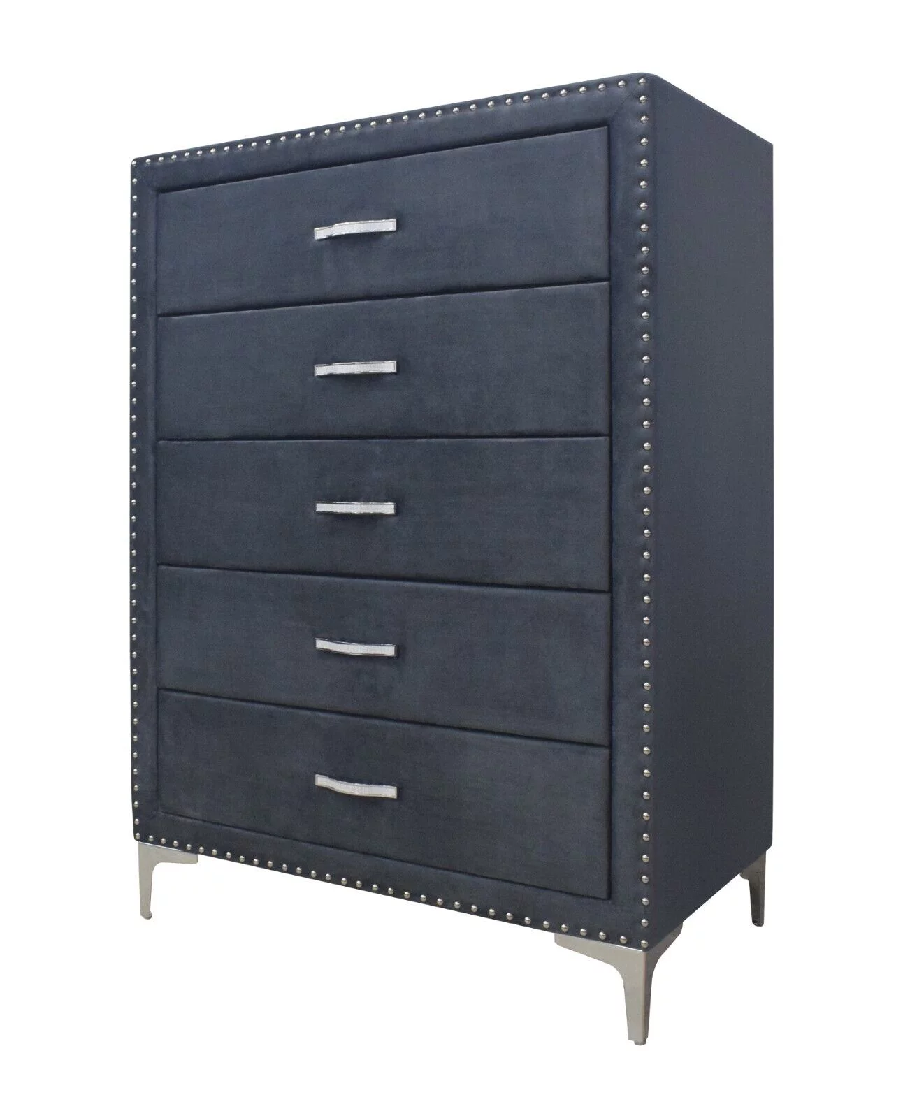 Modern Glamourous Style 3pc King Size Bed Chest Nightstand Bedroom Set Dark Gray Velvet Upholstery Furniture