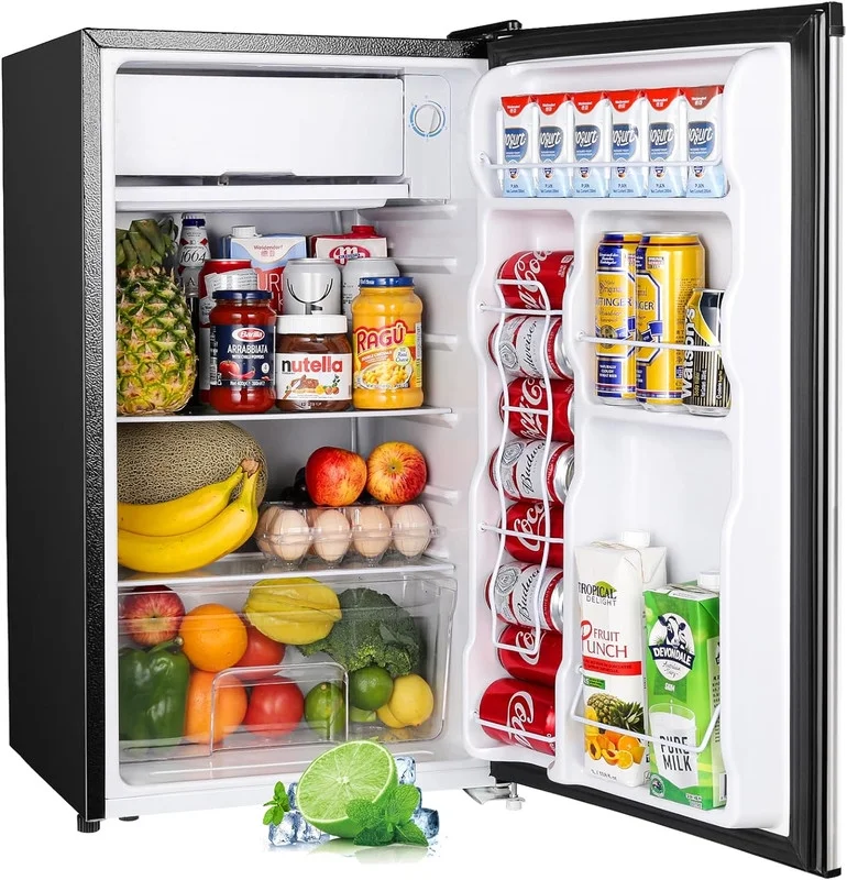 3.2 Cu.Ft Mini Fridge with Freezer, Single Door Mini Fridge, Adjustable Thermostat, Mini Refrigerator for Bedroom, Office, Dorm, Stainless Steel - Curated Treasures Market