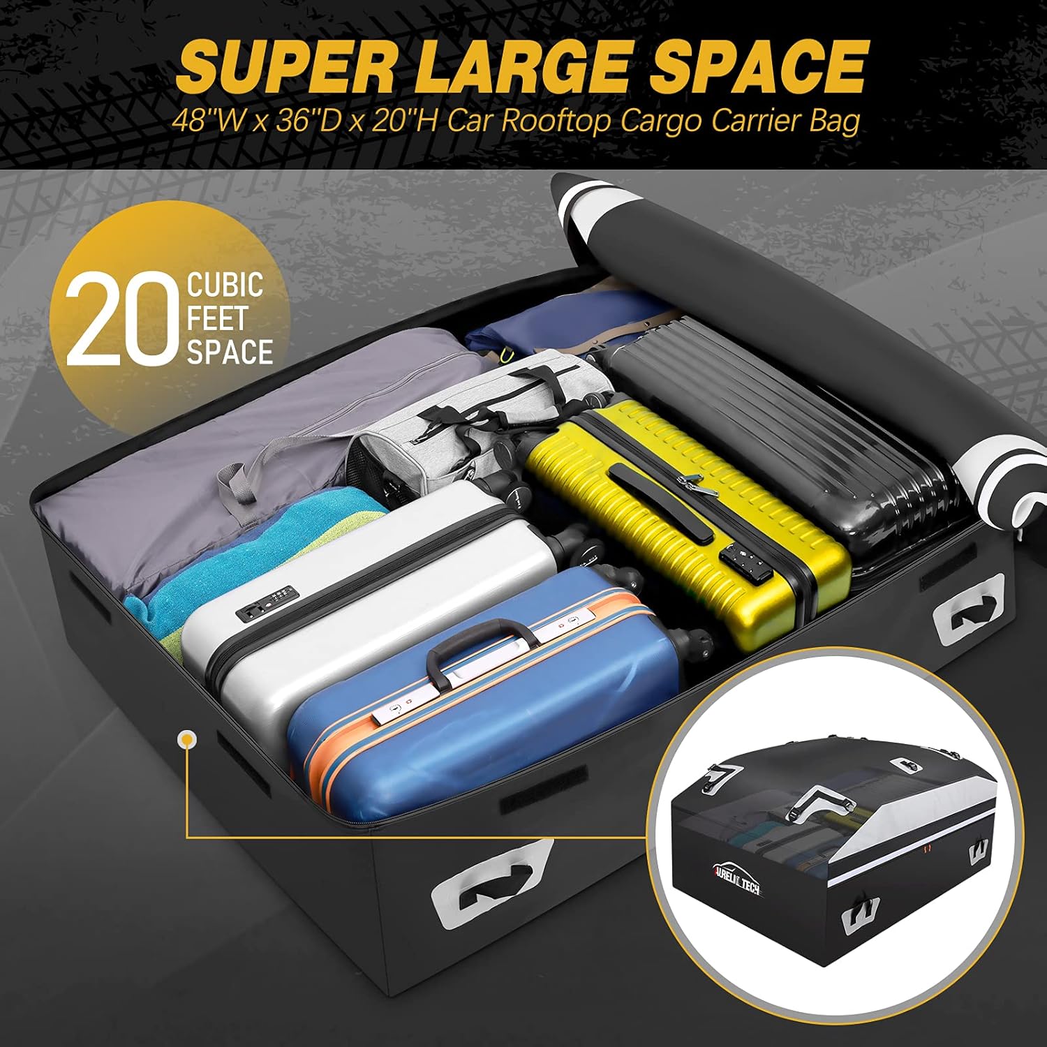 AURELIO TECH 20 Cubic Feet Car Rooftop Cargo Carrier Bag, 100% Waterproof, Anti-Tear 900D PVC Tarpaulin Roof Top Carrier, with Anti-Slip Mat, 6 Door Hooks, Suitable for All Vehicle with/Without Rack
