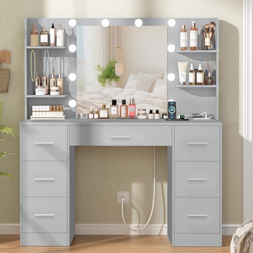 Quimoo Large Vanity Desk with LED Lighted Mirror & Power Outlet,Makeup Vanity Table with 7 Drawers,4 Shelves and 5 Hooks,Vanity Table, Vanity Desk Set for Bedroom,Bathroom,White