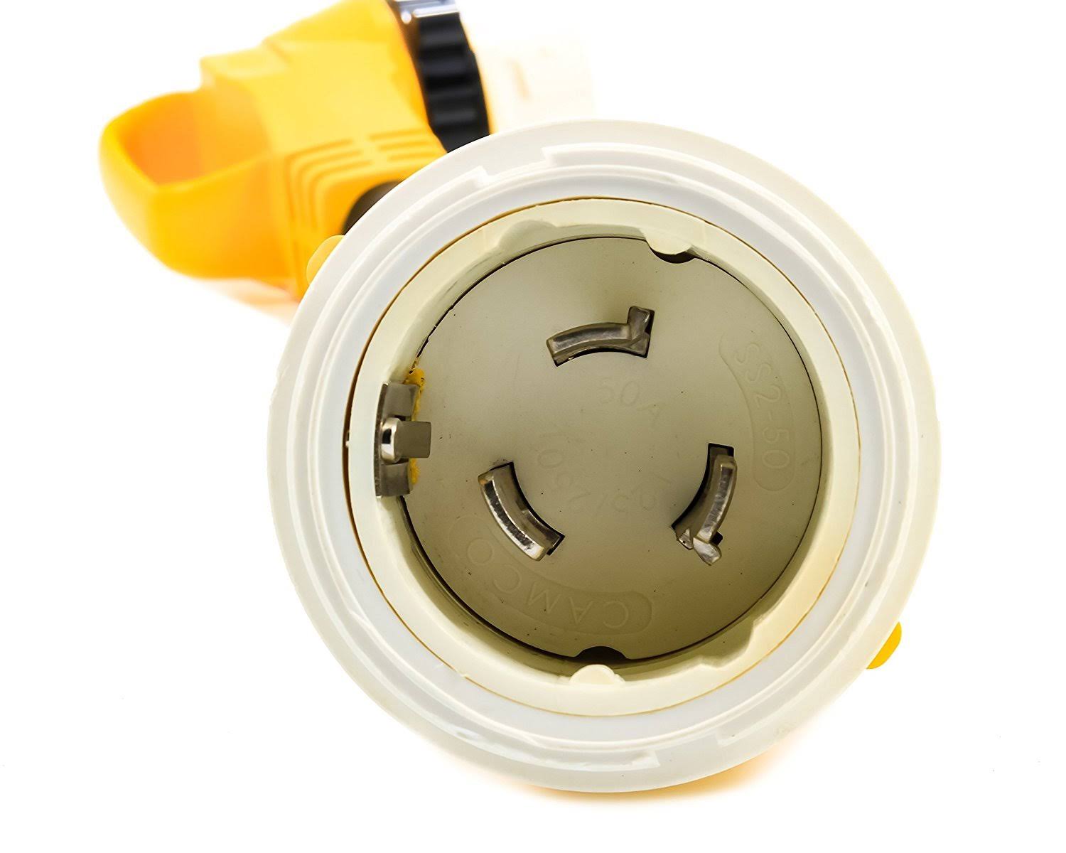 Camco 55572 18x22 50 Amp Locking Male/50 Amp Locking 90 Degree Female PowerGrip Dogbone Electrical Adapter