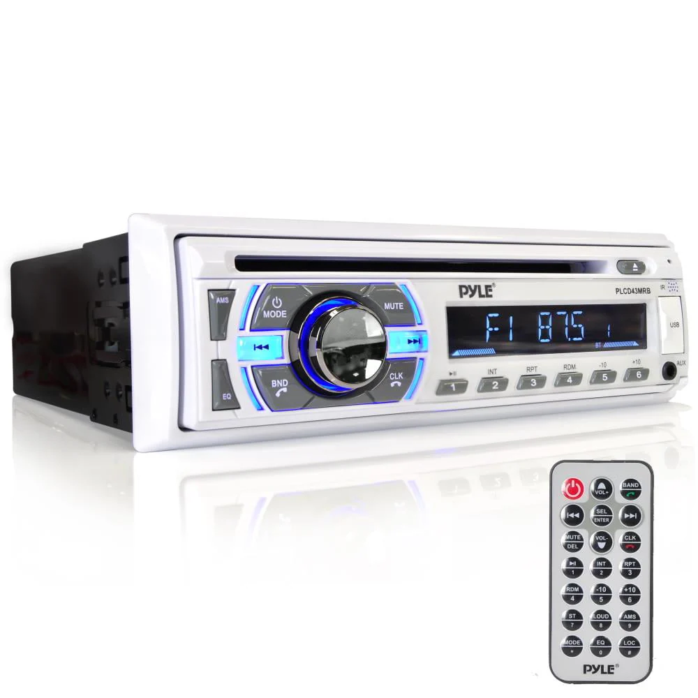 Pyle Single DIN Marine Bluetooth Stereo Receiver & CD Player with Remote, White