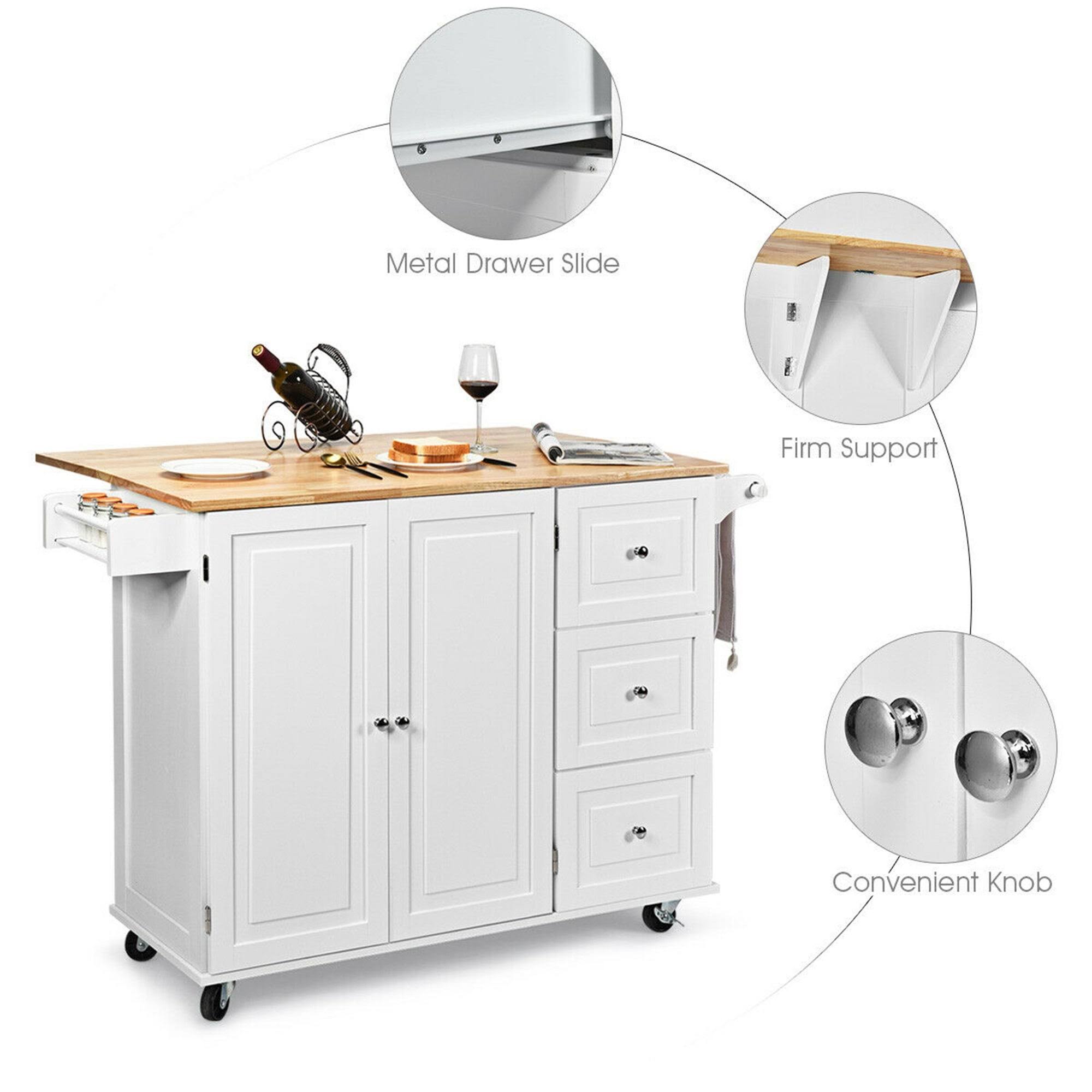 Gymax Drop-Leaf Kitchen Island Trolley Cart Wood Storage Cabinet w/ - See Details - Kitchen Cart - White