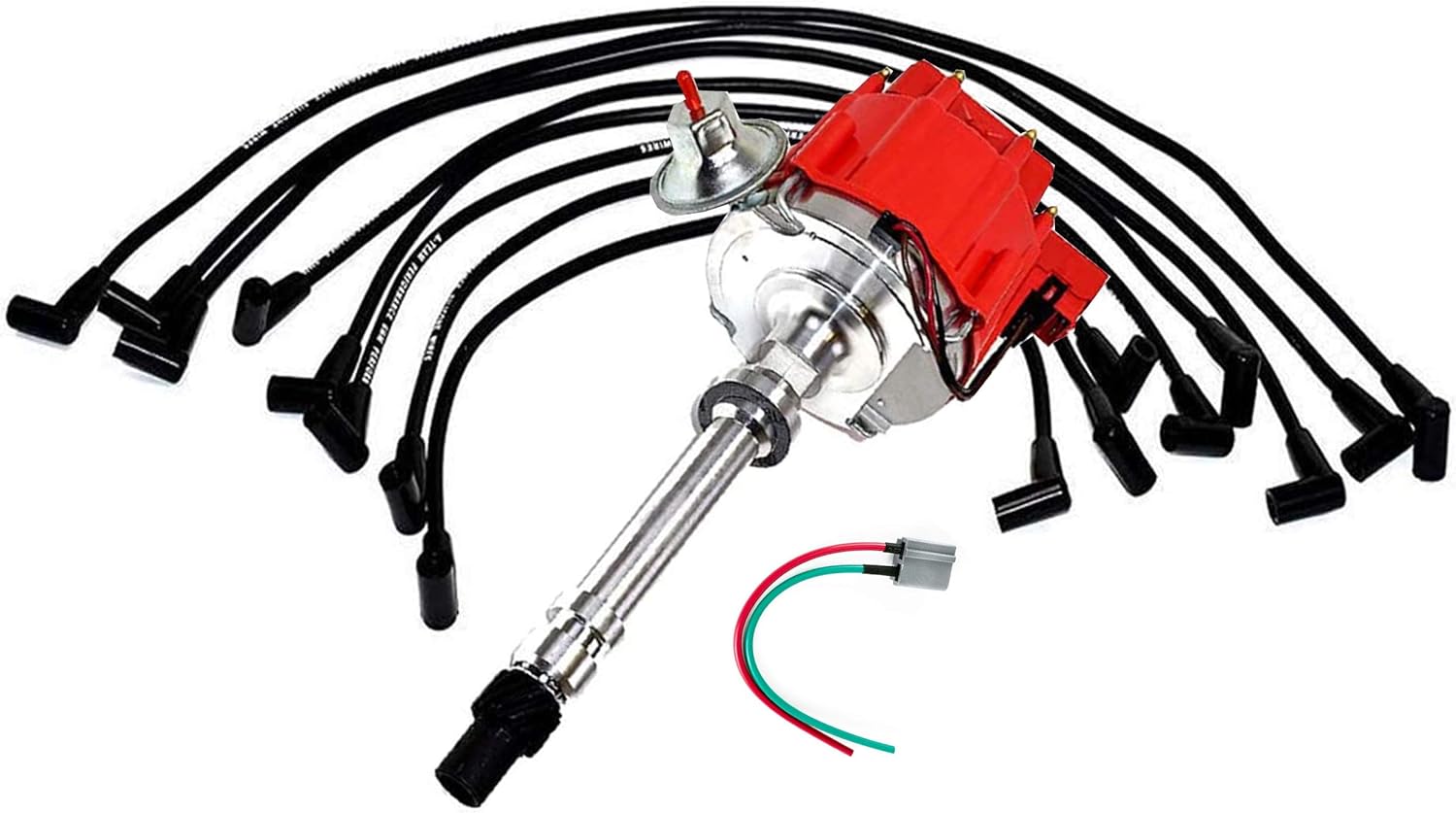 A-Team Performance - HEI Distributor Black Cap with Spark Plug Wires Set Pigtail Harness Complete Kit - Compatible with Chevrolet GM GMC SBC Small Block Chevy 262 265 267 283 302 305 307 327 383 400
