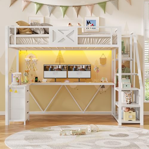 Itaar Stairway Twin Size Loft Bed with L Shaped Desk and Wardrobe, Metal Loft Bed Frame with Storage Stairs,3 Fabric Drawers, LED Lights & Charging Sation,No Noise & No Box Spring Needed, White