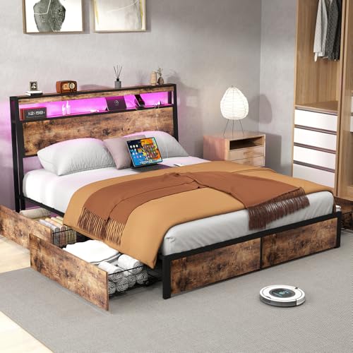 SADENICEL Queen Bed Frame with Storage Headboard and 4 Drawers, Metal Platform Bed Frame with LED Light, Charging Station, No Box Spring Needed, Noise Free, Easy Assembly, Vintage Brown