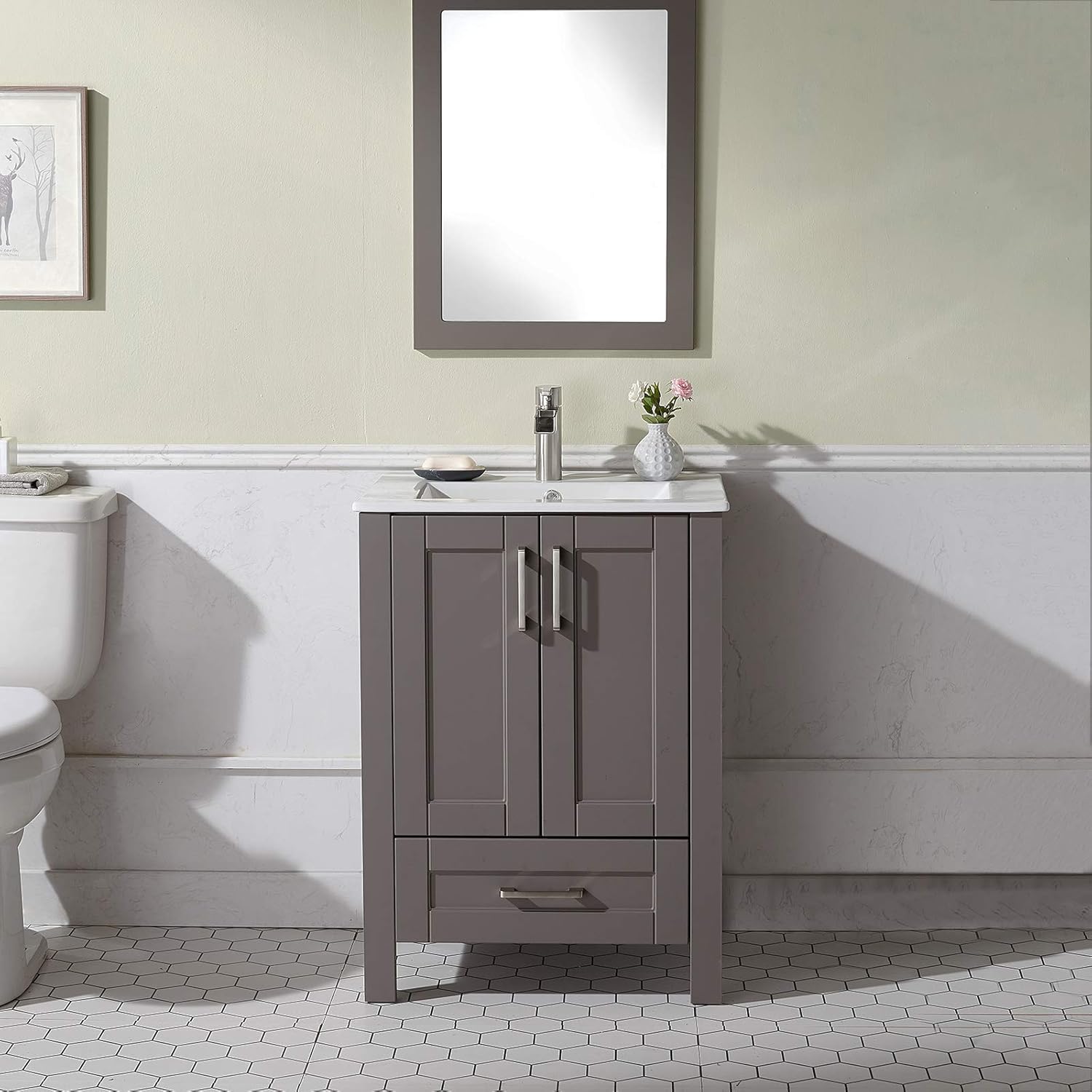 Bathroom Vanity with Sink, 24 Inch Small Bathroom Cabinet Set Combo 2 Doors Grey, Wood Storage Cabinet with Single Hole Undermount Ceramic Sink