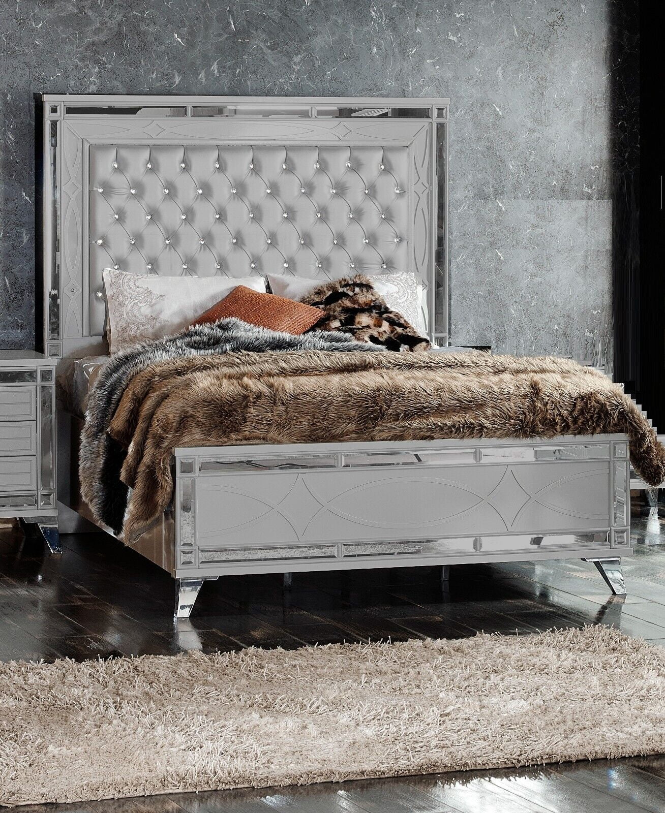 3pc Modern Luxury Queen Light Gray Tall Queen Bed w/LED 2x Nightstand Set Bedroom Furniture