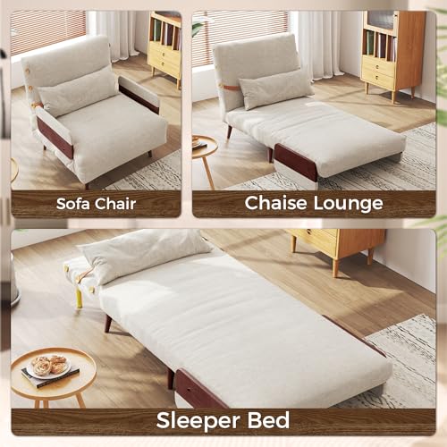 3-in-1 Convertible Chair Bed Sleeper for Adults, Linen Convertable Sleeper Chair with Wooden Arms & Pillows, Foldable Single Futon Sofa Bed (Mid Century with Walnut Arm, 36.6" Wide)