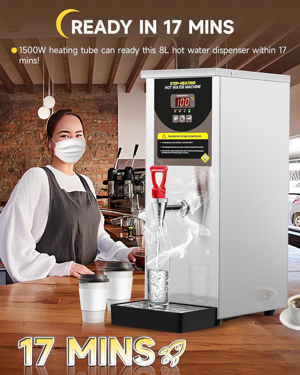 Step-Heating Commercial Hot Water Dispenser 17-Min Fast Ready Water Boiler Machine Large Capacity 80L/H for Tea Boba Tea Milk Tea Restaurant Hotel