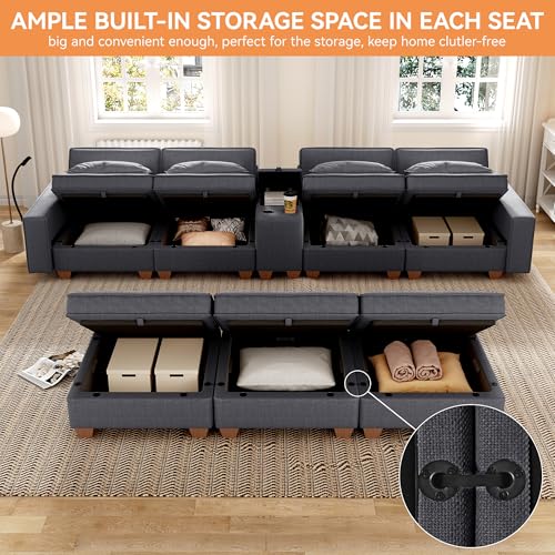 Modular Sectional Sofa, Convertible U Shaped Sofa Couch with Central Console & USB Ports, 7 Seat Modular Sectionals Couch with Chaise and Storage for Living Room, Light Grey