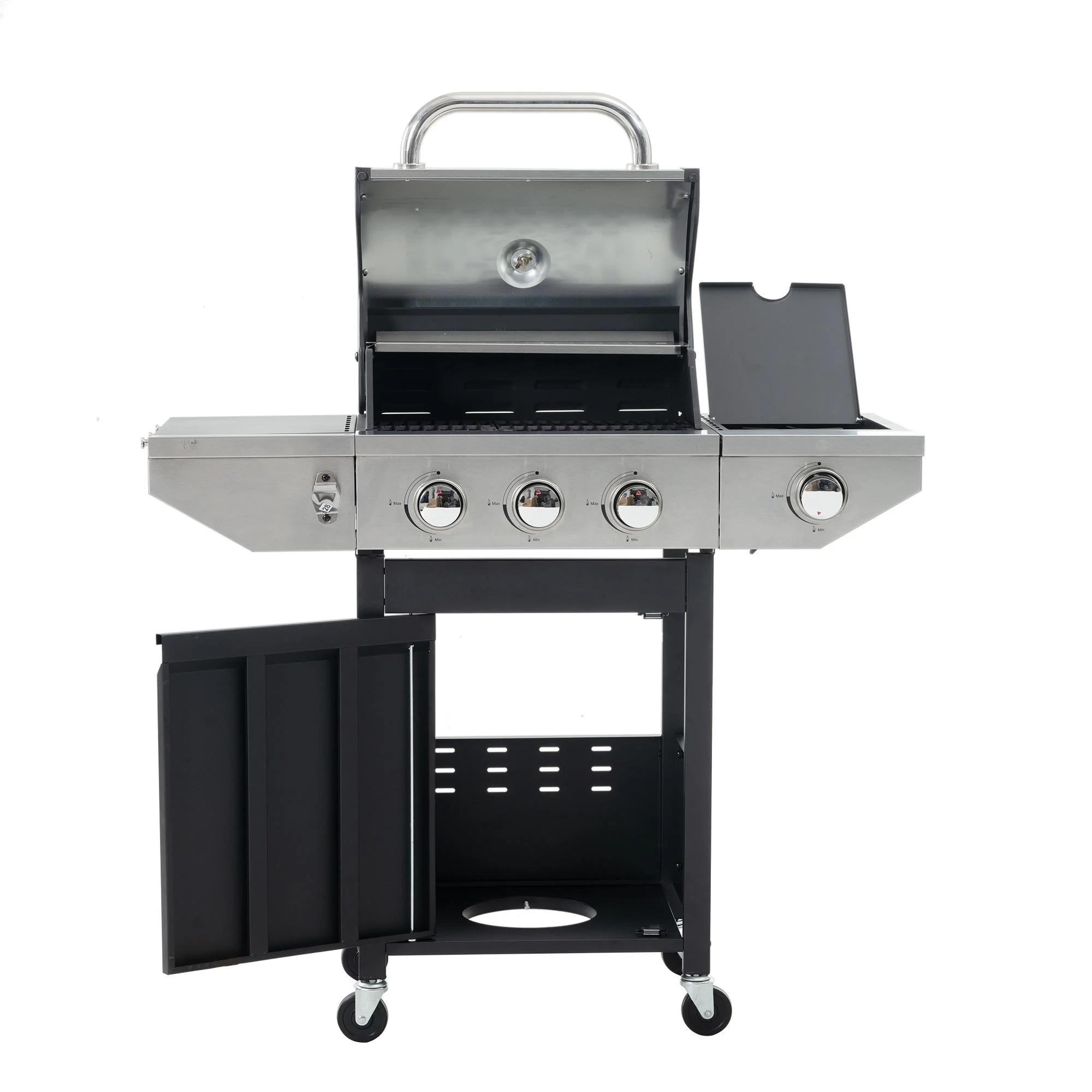 SEGMART 3 Burner BBQ Propane Gas Grill with Side Burner, Stainless Steel 37,150 BTU Patio Garden Barbecue Grill with Lid, Wheels, Shelves and Bottle Opener, Perfect for Camping, Outdoor Cooking