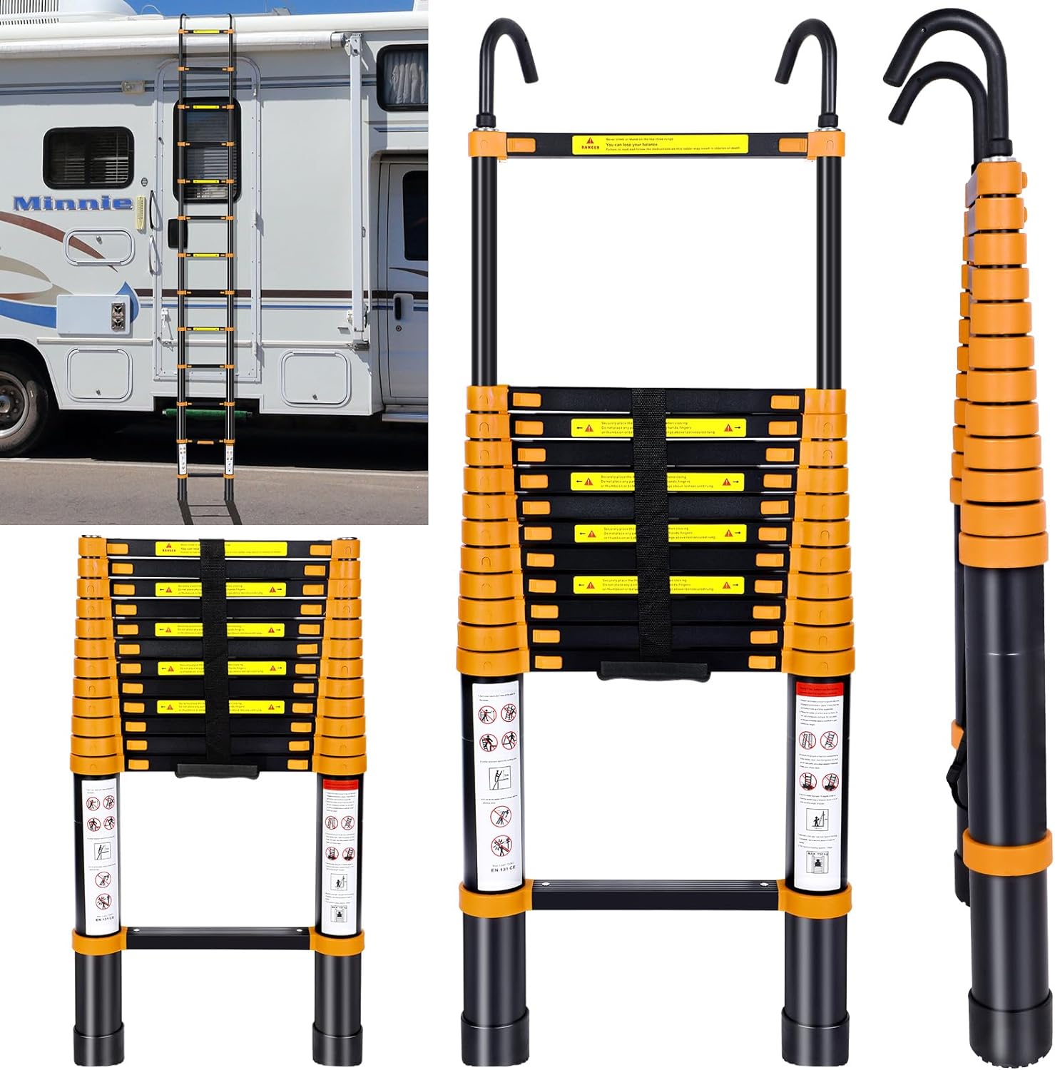12.5FT Telescoping Ladder Aluminum Lightweight Extension Folding Ladder with Hook Multi-Purpose Collapsible Ladder, 330lbs Load Capacity, for Home, Office, RV, and Outdoor Work (Black)