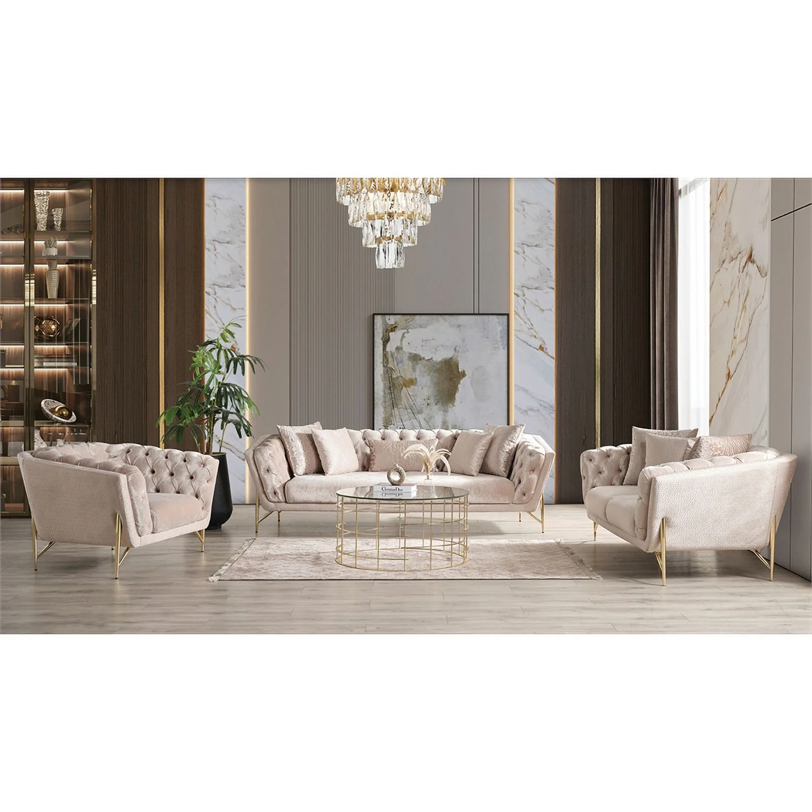 Pemberly Row Modern 3 Pc Living Room Set made with Wood in Beige Color
