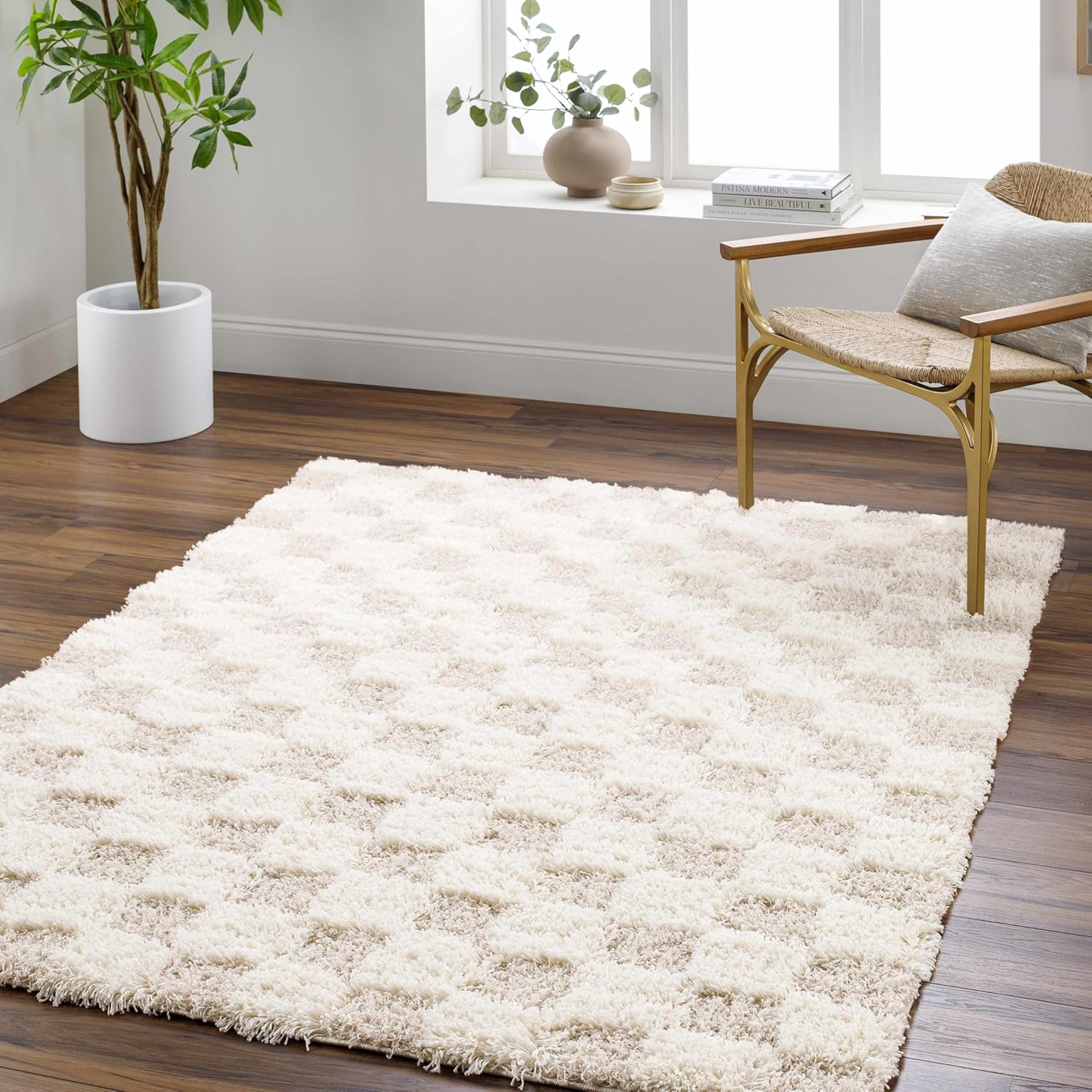 Hauteloom Atira Contemporary Checkered Fluffy Shag Area Rug - Modern Geometric Carpet Tiles for Living Room, Kids Room, Nursery - Plush Pile - Beige, Cream, White - 6'7" x 9'6"