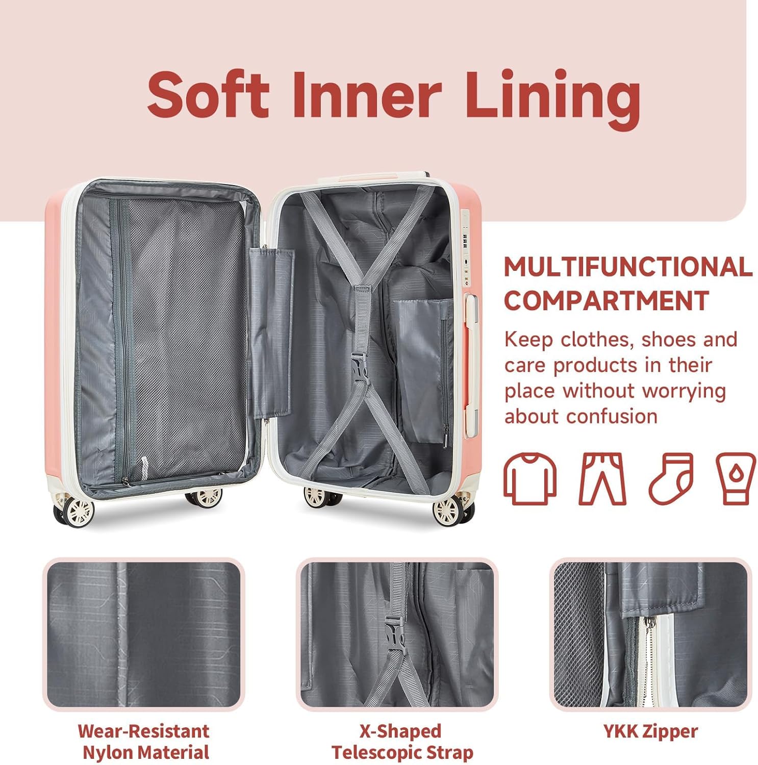 imiomo Luggage Sets 4 Piece Expandable Luggage Set with 2 toiletry bags , Hardside Carry on Suitcase with USB Port Cup Holder, Travel Luggage Suitcase with Spinner Wheels TSA Lock, Pink Beige
