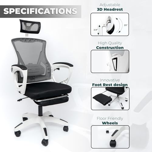 Ergonomic Office Chair w/Reclining High Back Adjustable Headrest Foot Rest & Wheels - Comfortable Mesh Chair for Lumbar Support - Swivel & Tilt Function Black Frame - Blue mesh