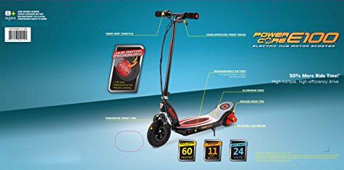 Razor Power Core E100 Electric Scooter - 100w Hub Motor, 8" Air-Filled Tire, Up to 11 mph and 60 min Ride Time, for Kids Ages 8 and Up