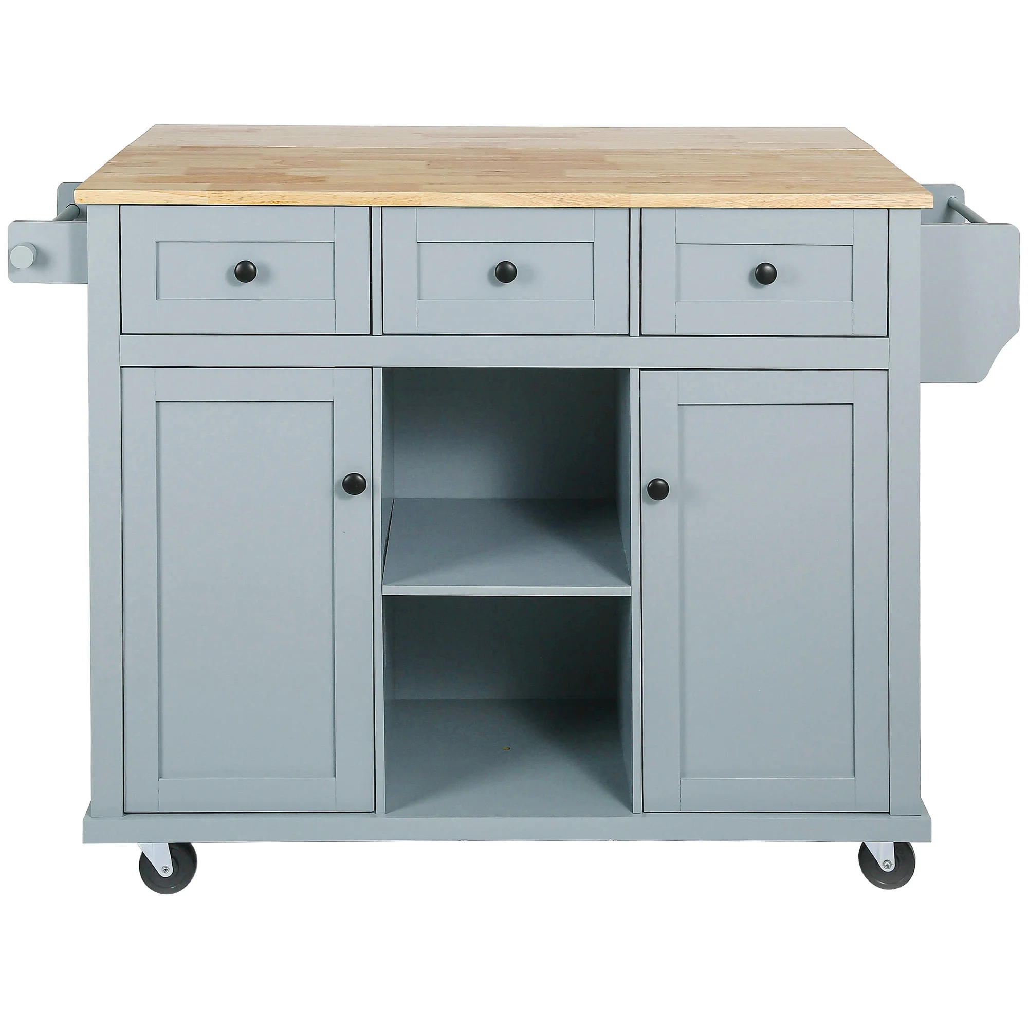 Momspeace Kitchen Island Cart with wheels and Rubber wood Drop-Leaf Countertop,Cabinet door internal storage racks,Kitchen Island on 5 Wheels with Storage Cabinet & 3 Drawers for Dinning Room-Blue