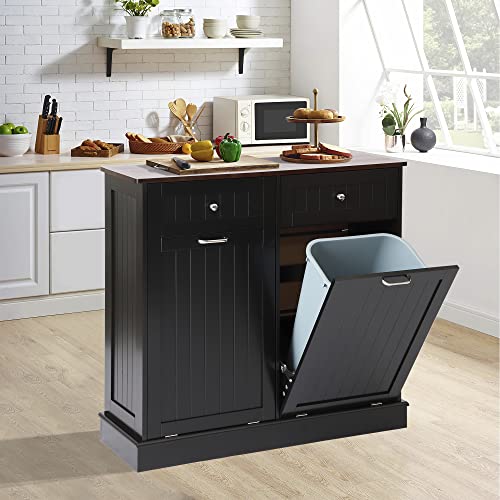Tilt Out Trash Can Cabinet with Double Hidden Trash Can Holder, Kitchen Free Standing Recycling Cabinet,Dog Proof Trash Can,Wood (Teal)