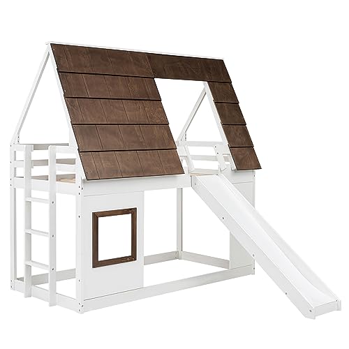 Twin-Over-Twin House Bunk Bed with Storage, Wooden Bunk Beds Frame with Staircase Compatible with, Teens, No Box Spring Needed(Gray+White) ，Queen Bed, YY-991