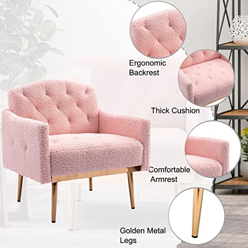 SSLine Upholstered Modern Velvet Accent Chair,Button Tufted Single Sofa Chair with Arms and Golden Finished Metal Legs,Mid-Century Armchairs for Living Room Bedroom Home Office Guest Areas(Rose Red)