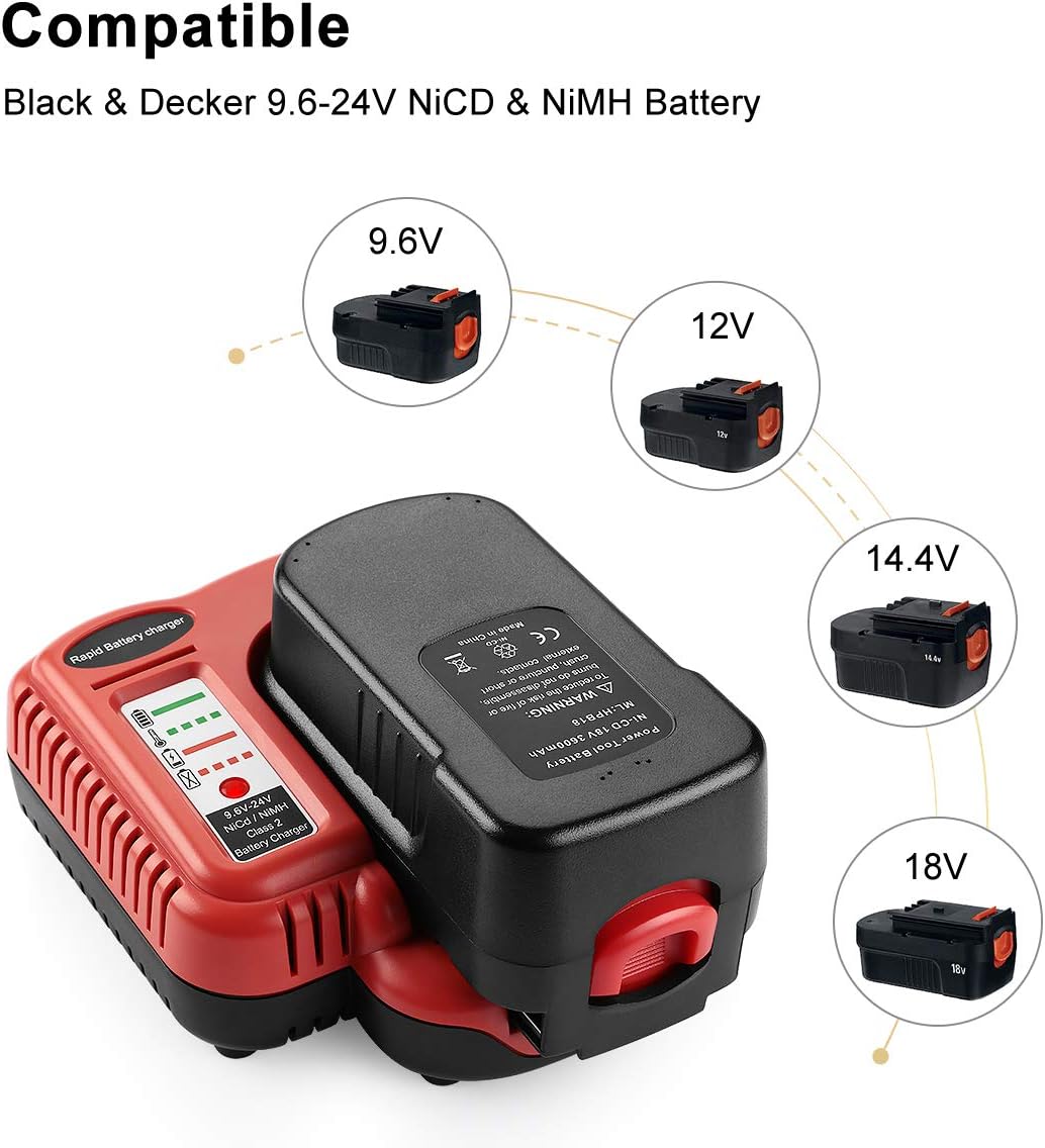 AYTXTG 2Pack 3.6Ah HPB18 Replacement Black and Decker 18V Battery for NiCad 18 Volt B&D Battery + BDCCN24 BDFC240 9.6V 18V 24V Black and Decker Battery Charger