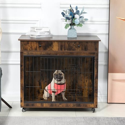 Wooden Furniture Style Dog Crate with 2 Drawers,Indoor Double Doors Doggy House End Table,W/Wire Mesh and Cross-Thickened Iron Bars,Chew-Proof,for Small Pet,Grey,31.7" L×23.2" W×33" H