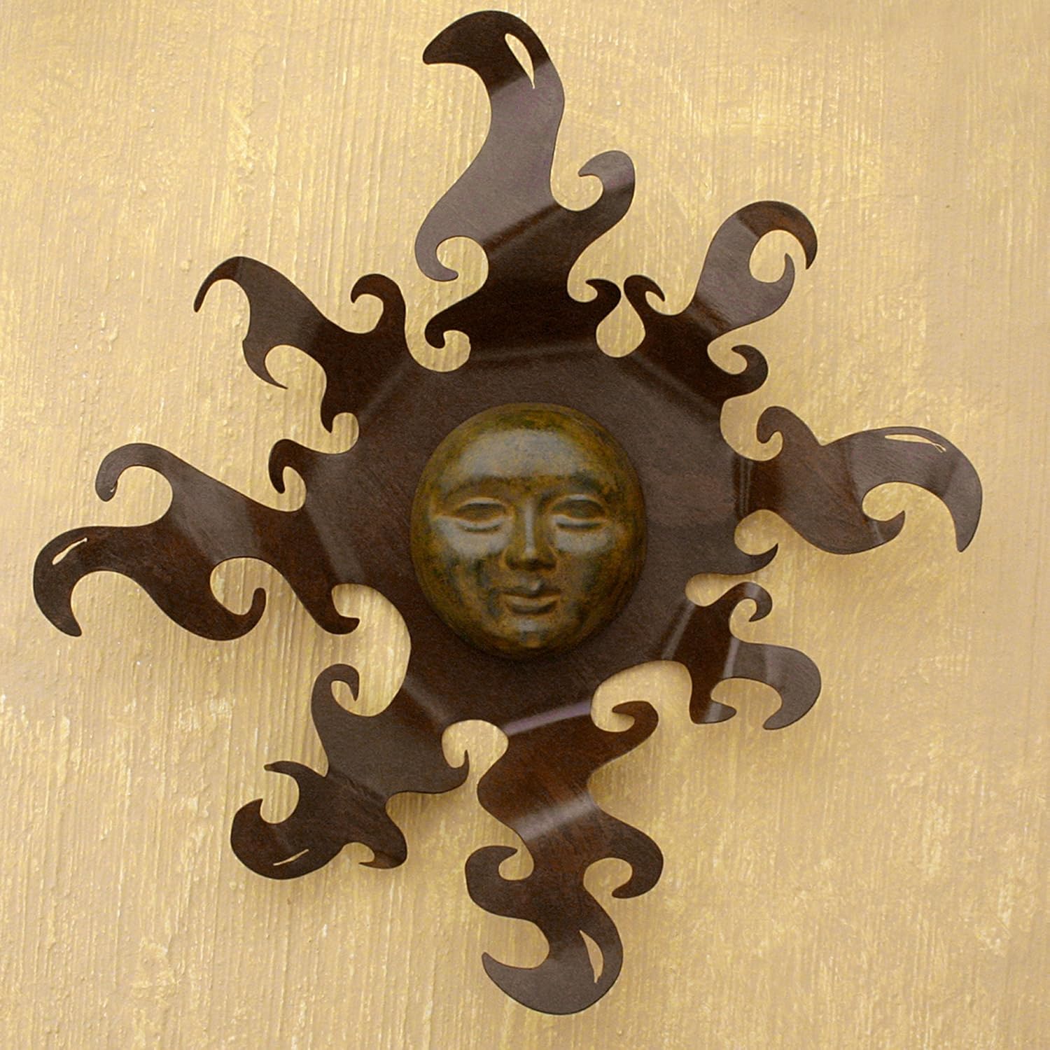 NOVICA Artisan Crafted Painted Steel Sun Large Iron and Ceramic Wall Art, Brown and Yellow 'Sumptuous Sun'