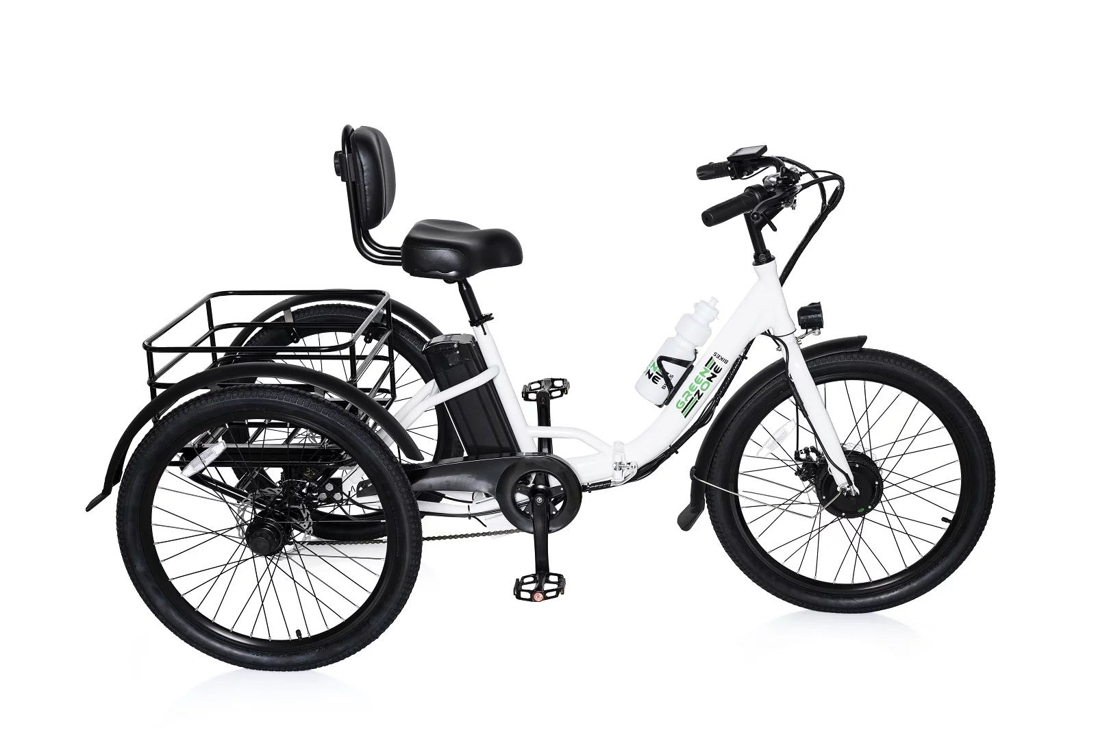 24" Electric Folding Tricycle for Adults & Seniors, 7-Speed, 3 Wheels Trike, 350W Motor, Black & White - Green Zone Bikes